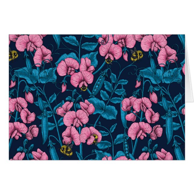 Sweet peas and bumblebees, pink and blue (Front Horizontal)
