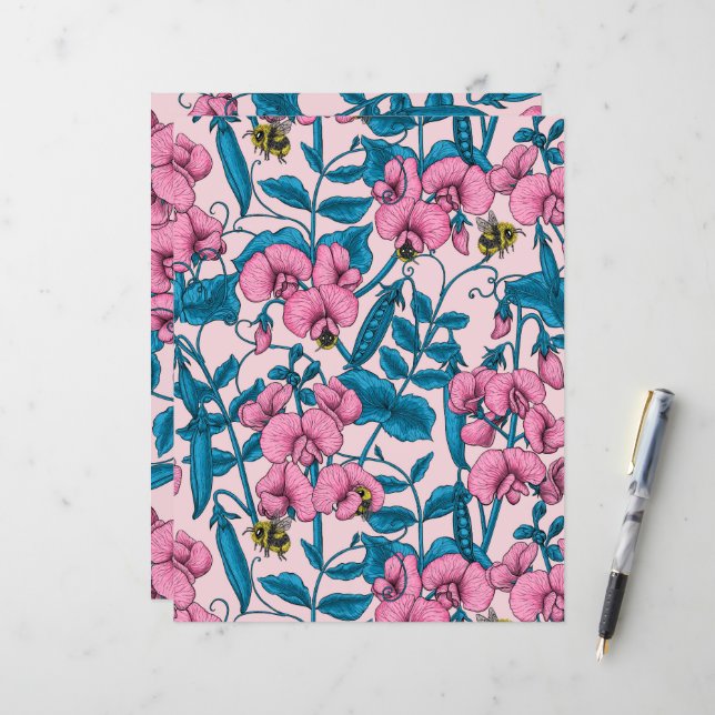 Sweet peas and bumblebees, pink and blue (Front/Back In Situ)