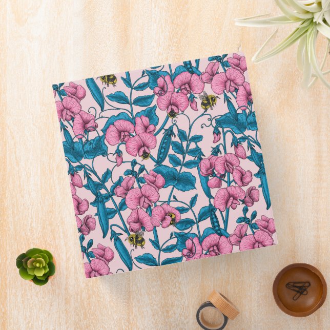 Sweet peas and bumblebees, pink and blue 3 ring binder (In Situ)