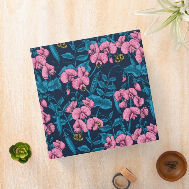 Sweet peas and bumblebees, pink and blue 3 ring binder (In Situ)