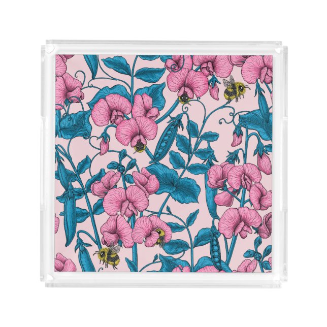 Sweet peas and bumblebees, pink and blue acrylic tray (Front)