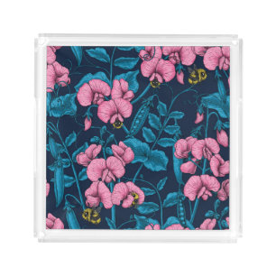 Sweet peas and bumblebees, pink and blue acrylic tray