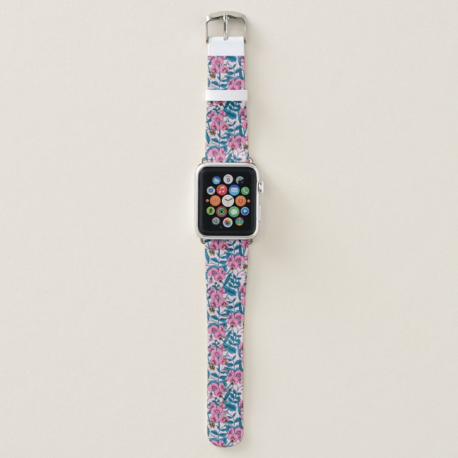 Sweet peas and bumblebees, pink and blue apple watch band (Front)