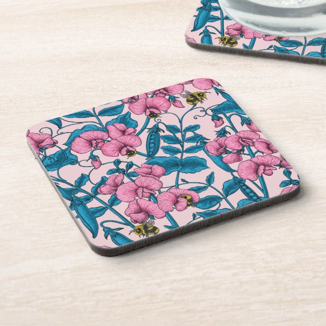 Sweet peas and bumblebees, pink and blue beverage coaster (Left Side)