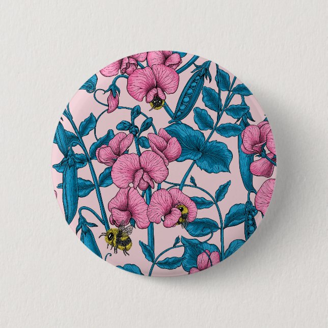 Sweet peas and bumblebees, pink and blue button (Front)