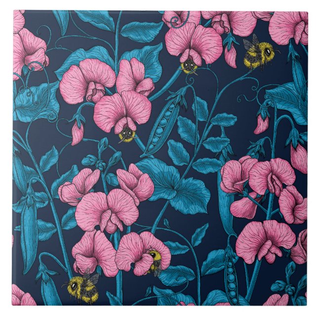 Sweet peas and bumblebees, pink and blue ceramic tile (Front)