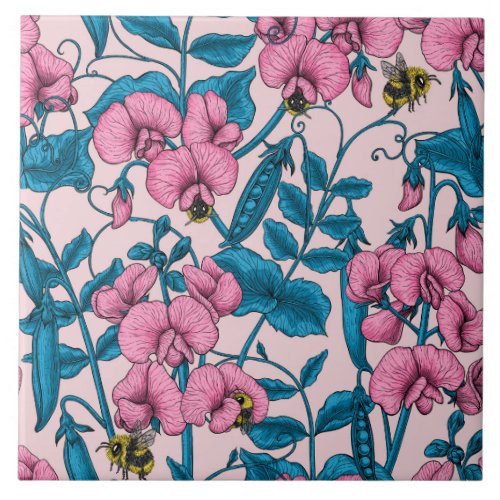 Sweet peas and bumblebees pink and blue ceramic tile