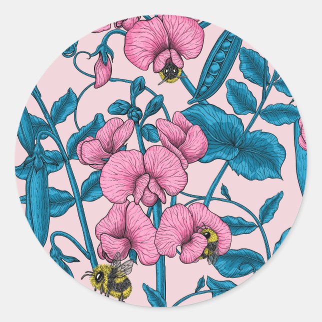 Sweet peas and bumblebees, pink and blue classic round sticker (Front)