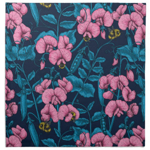 Sweet peas and bumblebees, pink and blue cloth napkin