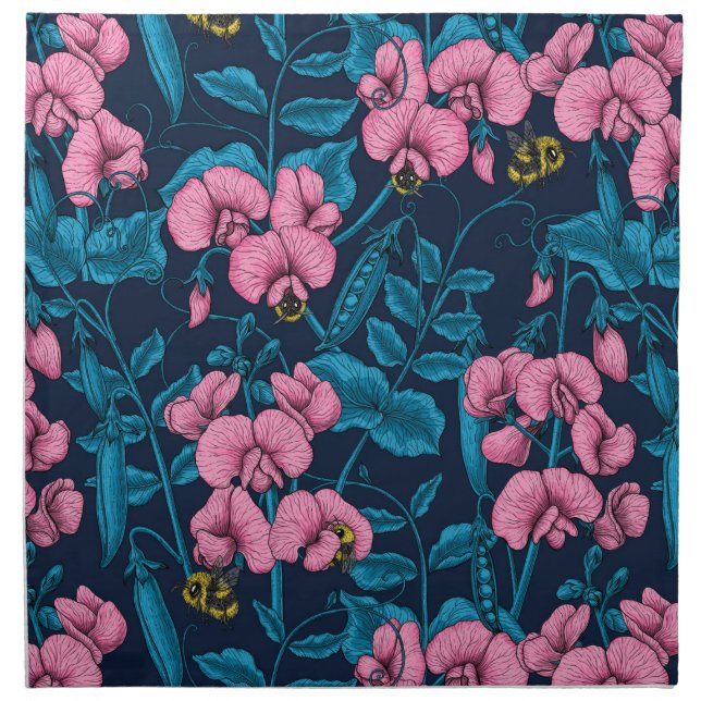 Sweet peas and bumblebees, pink and blue cloth napkin (Front)