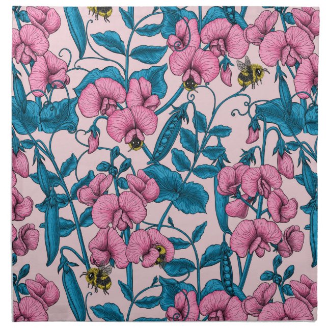 Sweet peas and bumblebees, pink and blue cloth napkin (Front)