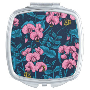 Sweet peas and bumblebees, pink and blue compact mirror