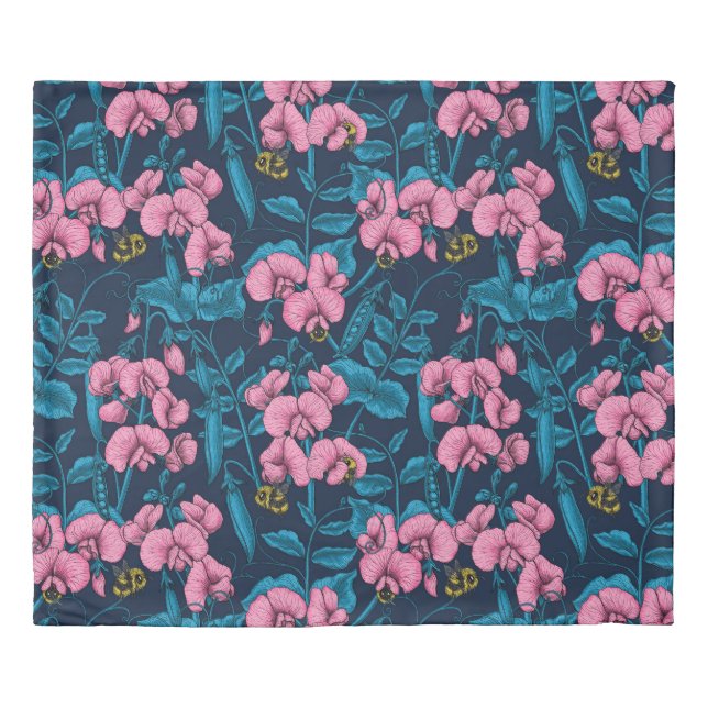 Sweet peas and bumblebees, pink and blue duvet cover (Front)