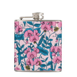Sweet peas and bumblebees, pink and blue flask