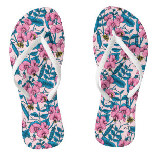 Sweet peas and bumblebees, pink and blue flip flops