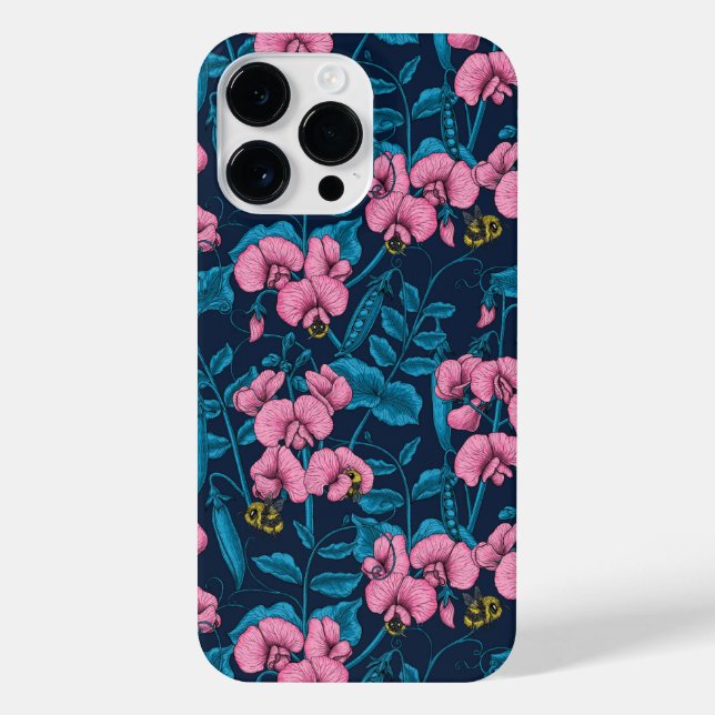 Sweet peas and bumblebees, pink and blue iPhone case (Back)