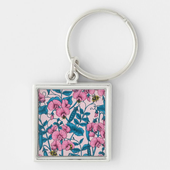 Sweet peas and bumblebees, pink and blue keychain (Front)