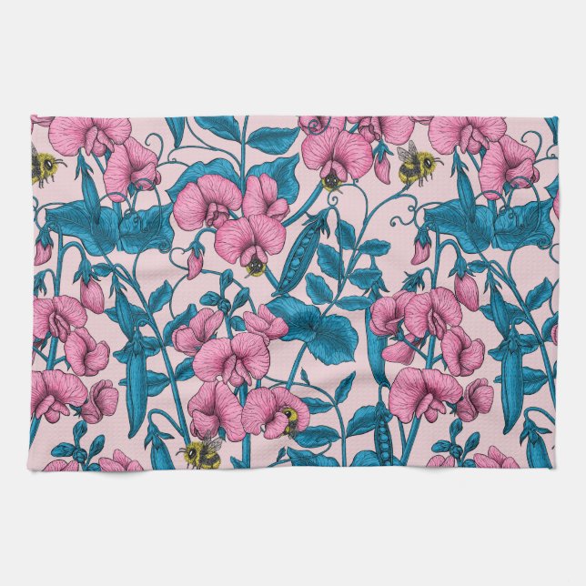 Sweet peas and bumblebees, pink and blue kitchen towel (Horizontal)
