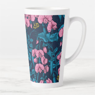 Sweet peas and bumblebees, pink and blue latte mug