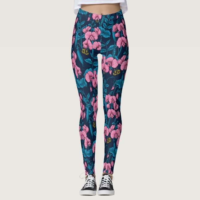 Sweet peas and bumblebees, pink and blue leggings (Front)