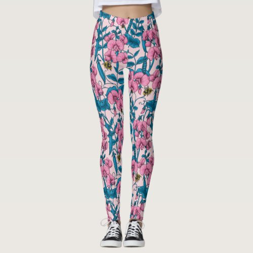 Sweet peas and bumblebees pink and blue leggings