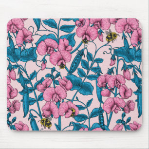 Sweet peas and bumblebees, pink and blue mouse pad