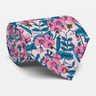 Sweet peas and bumblebees, pink and blue neck tie