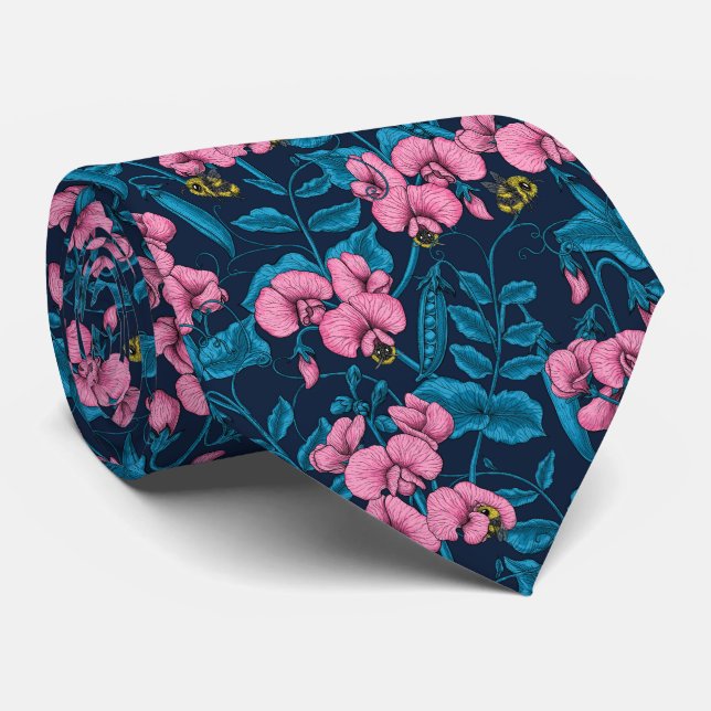 Sweet peas and bumblebees, pink and blue neck tie (Rolled)