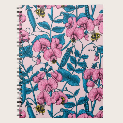 Sweet peas and bumblebees, pink and blue notebook