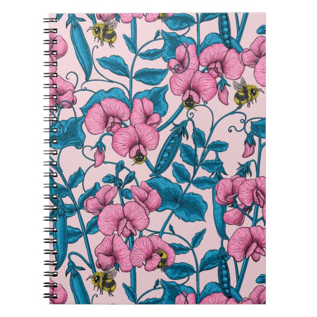 Sweet peas and bumblebees, pink and blue notebook (Front)