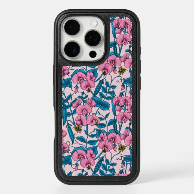 Sweet peas and bumblebees, pink and blue otterbox iPhone case (Back)