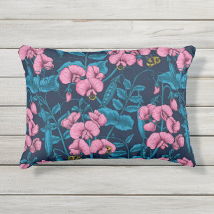 Sweet peas and bumblebees, pink and blue outdoor pillow