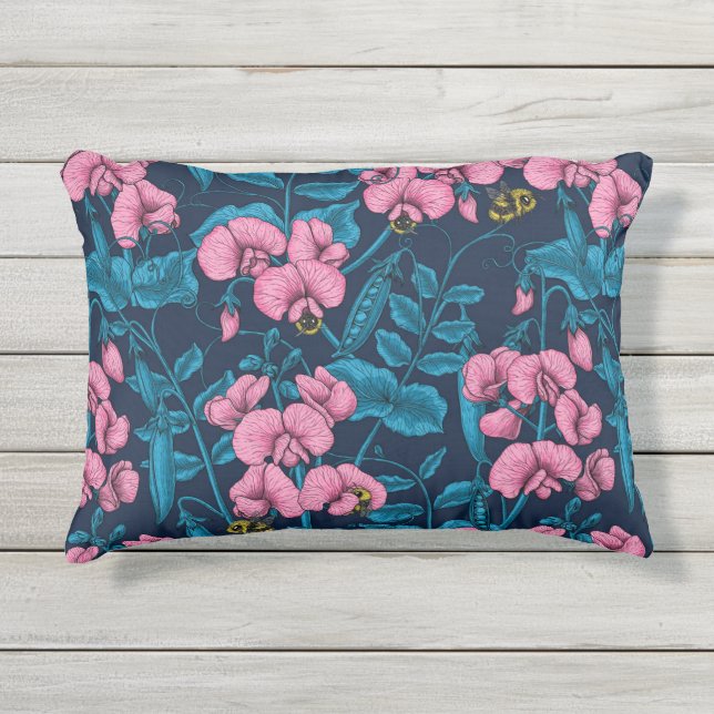Sweet peas and bumblebees, pink and blue outdoor pillow (Front)