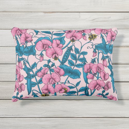 Sweet peas and bumblebees pink and blue outdoor pillow