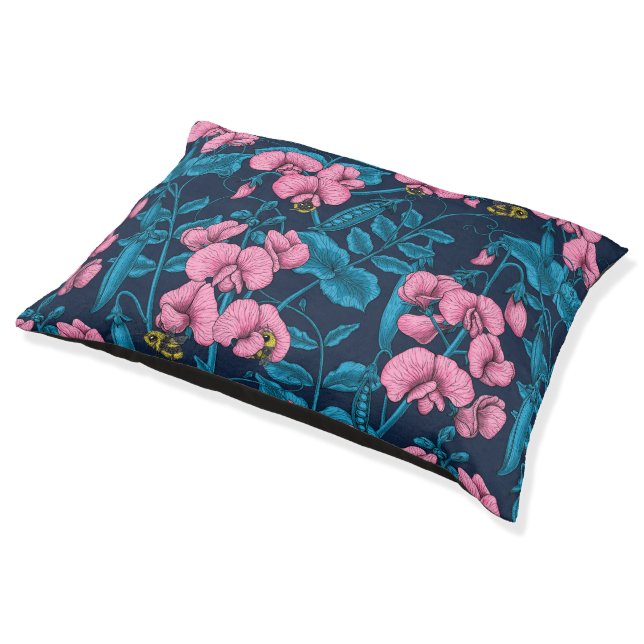 Sweet peas and bumblebees, pink and blue pet bed (Angled)