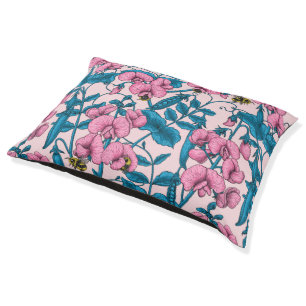 Sweet peas and bumblebees, pink and blue pet bed