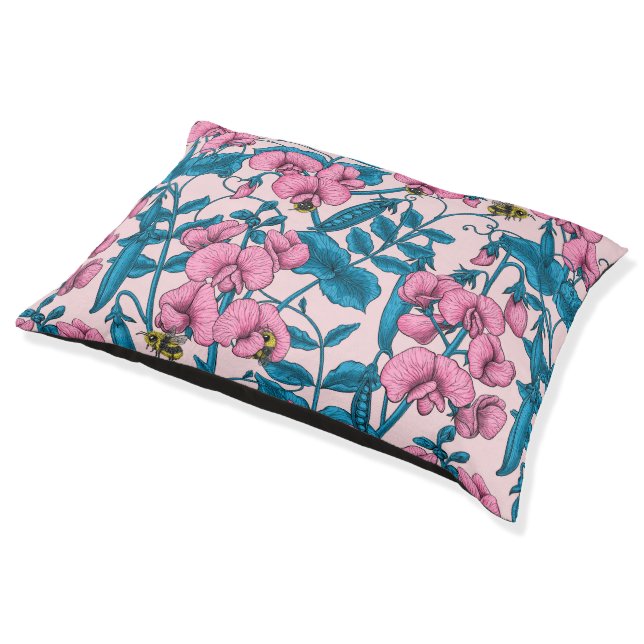 Sweet peas and bumblebees, pink and blue pet bed (Angled)