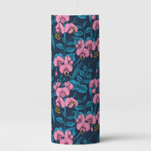 Sweet peas and bumblebees, pink and blue pillar candle
