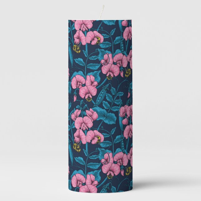 Sweet peas and bumblebees, pink and blue pillar candle (Front)