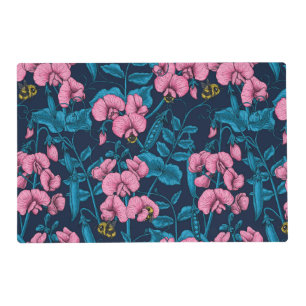 Sweet peas and bumblebees, pink and blue placemat