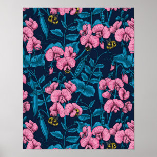 Sweet peas and bumblebees, pink and blue poster