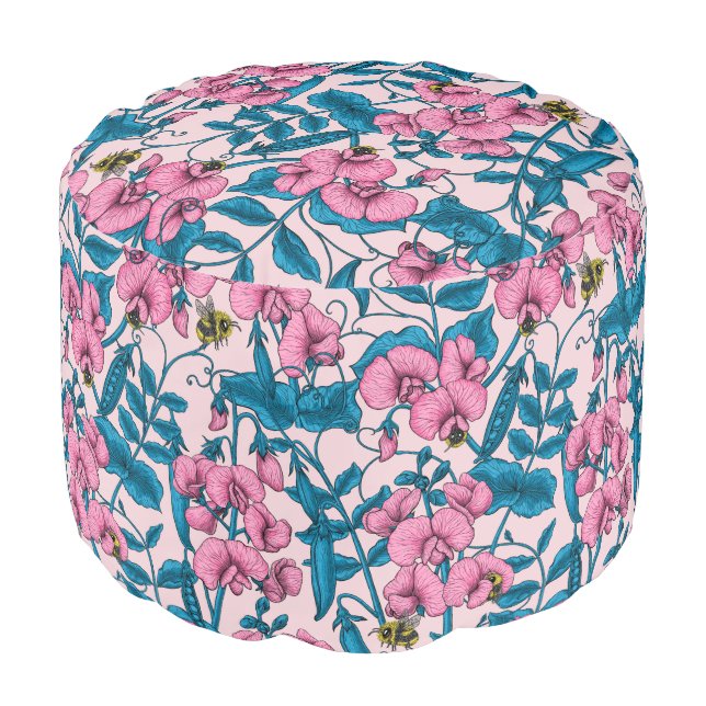 Sweet peas and bumblebees, pink and blue pouf (Angled Front)