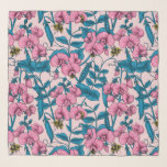 Sweet peas and bumblebees, pink and blue scarf<br><div class="desc">Hаnd painted pattern with sweet peas and bumblebees</div>