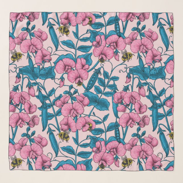 Sweet peas and bumblebees, pink and blue scarf (Front)