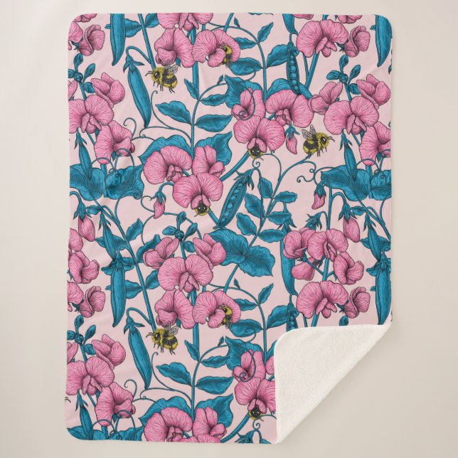 Sweet peas and bumblebees, pink and blue sherpa blanket (Front)