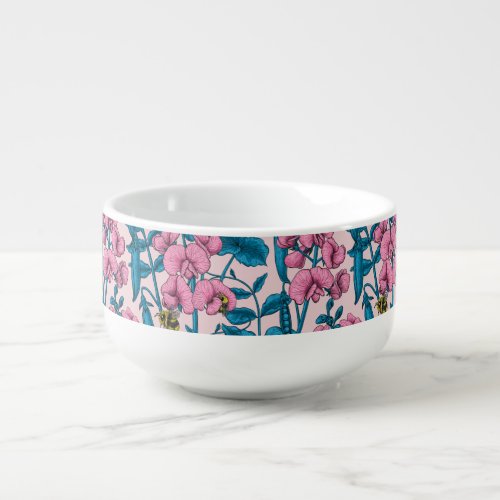 Sweet peas and bumblebees pink and blue soup mug