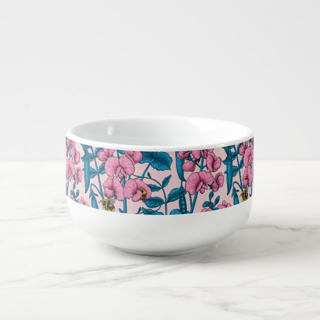 Sweet peas and bumblebees, pink and blue soup mug (Front)