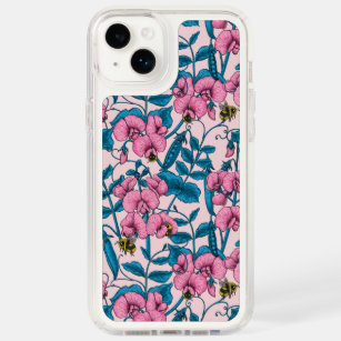 Sweet peas and bumblebees, pink and blue speck iPhone 14 plus case