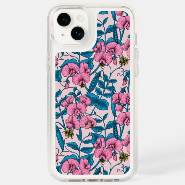 Sweet peas and bumblebees, pink and blue speck iPhone case (Front)
