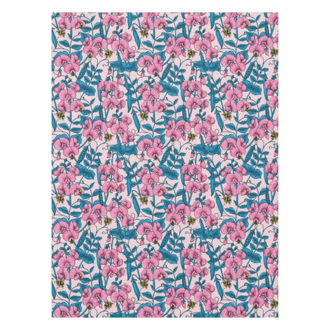 Sweet peas and bumblebees, pink and blue tablecloth (Front)